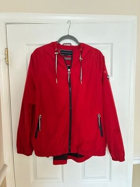 Tommy Hilfiger Women’s Lightweight Red Rain Jacket Hooded Zip Up - Size Large
